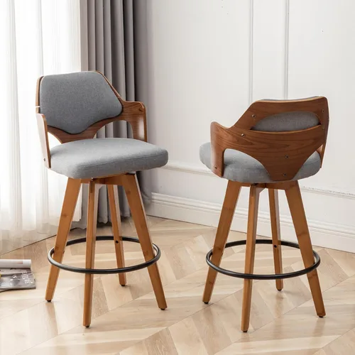 Vista 11 de MEKLIBA Juego de 2 taburetes de bar giratorios de altura de mostrador, silla de bar tapizada con patas de bambú, taburetes de mostrador con respaldo