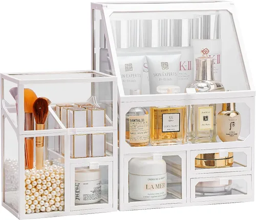 Vista 5 de MOOCHI Organizador de maquillaje negro de 3 piezas para Vantity, vidrio, organizador de cuidado de la piel, cajones, organizador de cepillos