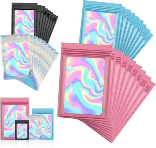 Vista 8 de 120 bolsas de tereftalato de polietileno a prueba de olores, bolsa de embalaje holográfica resellable con ventana transparente para alimentos