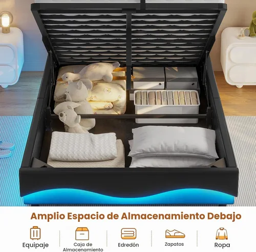 Vista 5 de ADORNEVE Marco de Cama Individual con Almacenamiento Elevable con Estación de Carga Tipo C y Cabecera con Almacenamiento Oculto, Cama de Plataforma