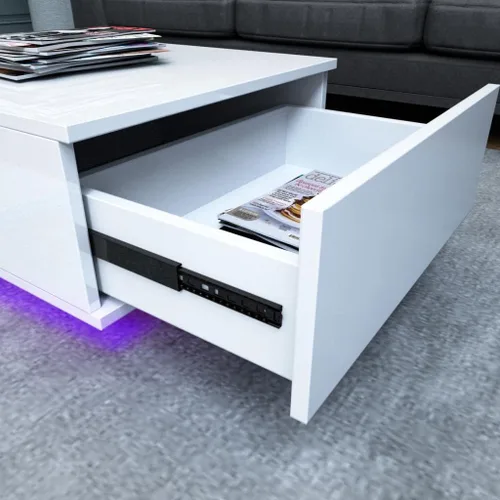 Vista 6 de COSVALVE Mesa de centro LED blanca brillante con 16 luces de colores, mesa auxiliar para sala de estar, moderna mesa de sofá brillante con cajón