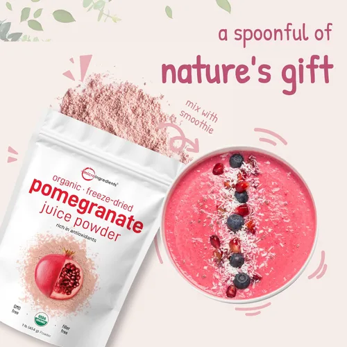 Vista 4 de Jugo de granadas orgánicas en polvo, 1 libra (91 porciones), liofilizado y prensado en frío, vitamina C natural, refuerza el sistema inmunitario