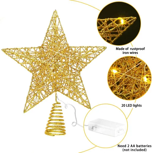 Vista 4 de DULEFUN Estrella LED de 11.8 Pulgadas para la Punta del Árbol - Adorno de Metal Dorado con 20 Luces para Decoración de Árbol de Navidad y Decoración