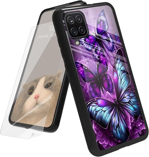 Vista 140 de Funda para Samsung Galaxy A12 5G con protector de pantalla, parte trasera de vidrio templado + TPU de silicona suave que absorbe los golpes