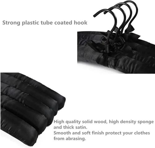 Vista 3 de Paquete de 5 perchas acolchadas de satén negro para suéter, colgador de blusa con espuma gruesa y suave para lencería de vestido de novia, colgador