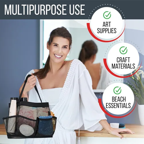 Vista 4 de Masirs – Organizador de ducha de malla con 9 bolsillos, bolsa portátil para baño para viajes, gimnasio y dormitorio - Bolsa de ducha pequeña