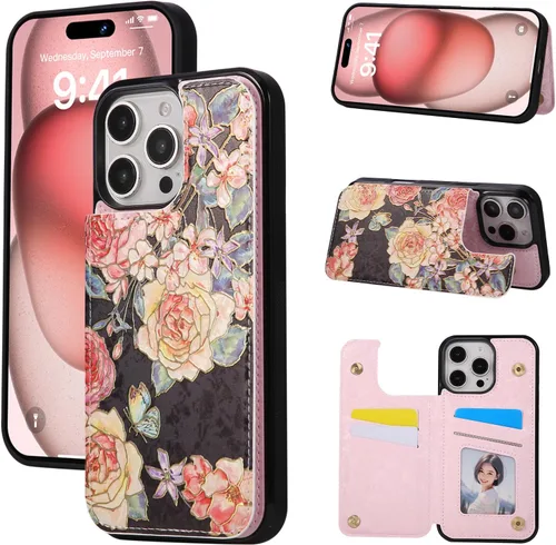 Vista 14 de UEEBAI Funda tipo cartera para iPhone 13 con tarjeteros, piel sintética, diseño floral, función atril, bloqueo RFID, doble cierre magnético, funda