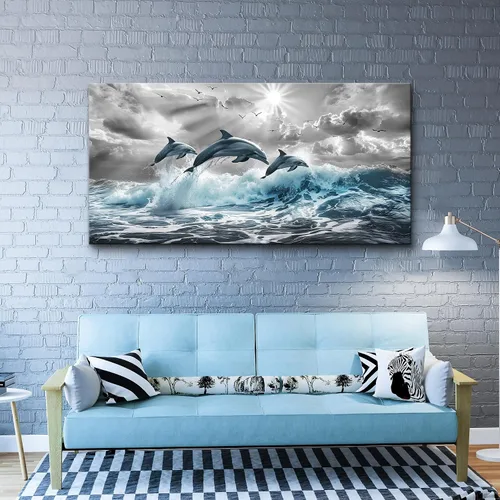 Vista 4 de Lapremoly Decoración de pared para sala de estar, arte de pared grande para dormitorio, olas azules del mar, ilustraciones de pared, oficina