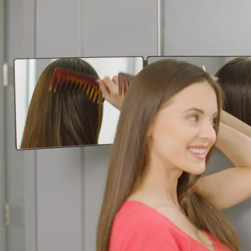 Vista 6 de HIEEY Espejo de 3 vías para corte de cabello con LED, espejo triple de 360 grados con ganchos telescópicos ajustables en altura y aumento de 5X