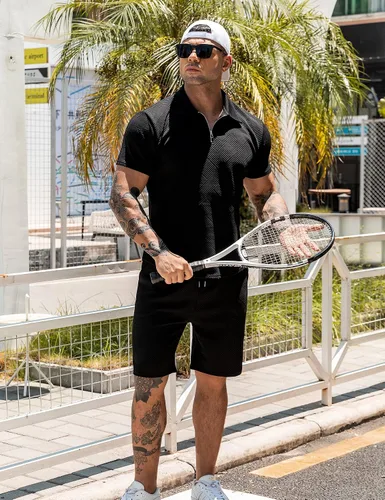 Vista 2 de URRU Conjunto de camisa polo y pantalones cortos para hombre trajes de verano a la moda casual manga corta traje polo para hombre 2 piezas
