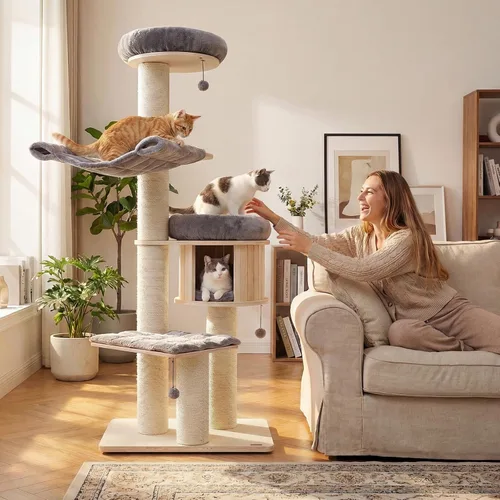 Vista 2 de Tangkula Árbol moderno para gatos, torre grande de varios niveles con condominio, hamacas y cesta colgante, árbol alto para gatos con postes