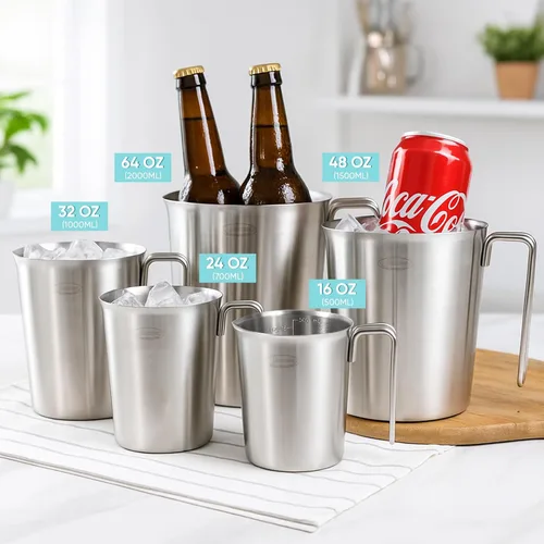 Vista 8 de Newness Juego de 2 tazas medidoras de acero inoxidable (3 marcas, incluye escala de taza/ml/onza) (2 y 3 tazas) taza medidora de metal con asa