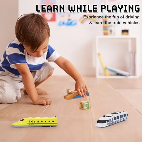 Vista 6 de Crelloci Tren bala de juguete de tracción de tren urbano de alta velocidad, locomotoras modernas para niños pequeños, paquete de 12