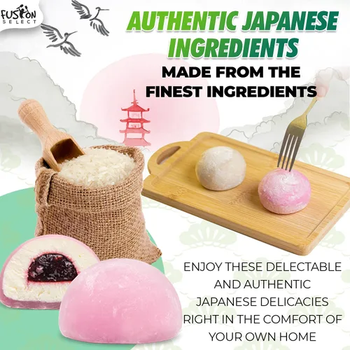Vista 3 de Paquete de 8 variedades de Mochi japonés: Té de leche Boba, Taro, Sésamo, Hamimelón, Lichi, Té verde, Maní y Frijol rojo en caja de regalo de Fusion