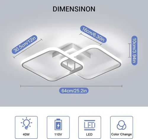 Vista 4 de DAXDG - Lámpara de techo LED, 25.2 pulgadas, 3 colores de luz intercambiables (3000 K/4500 K/6000 K) moderna lámpara de techo cuadrada blanca