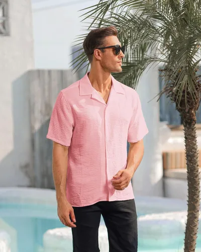 Vista 3 de Camisas casuales con botones para hombre, manga corta, color sólido, para yoga, playa, hawaiano, verano, vacaciones
