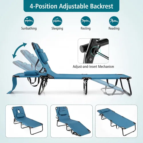 Vista 5 de GYMAX Sillón de playa, silla para tomar el sol, silla plegable ajustable reclinable con agujero para la cara