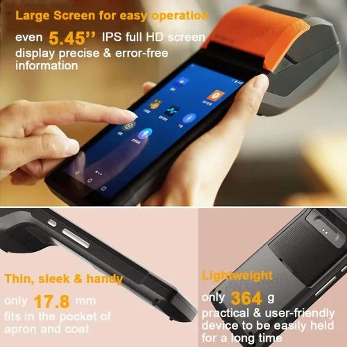 Vista 4 de Impresora POS móvil SUNMI V2 Terminal POS con impresora térmica de recibos de 2.283 in, altavoz, leva, escáner de código de barras en una impresora