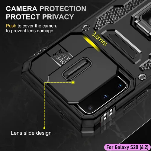 Vista 4 de Funda resistente para Samsung Galaxy S20, protector de parachoques de goma de doble capa de grado militar con protector de cámara deslizante