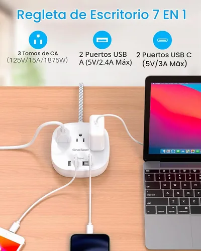 Vista 6 de Regleta de corriente con enchufe plano, cable de extensión ultraplano de 6 pies - 3 salidas 4 puertos USB (2 USB C) 22.5W/4.5A estación de carga
