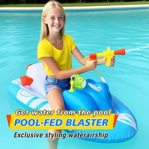 Vista 4 de Flotadores de piscina con forma de moto acuática para niños pequeños con pistola de agua y pistola de burbujas, barco inflable para niños de 6 a 12