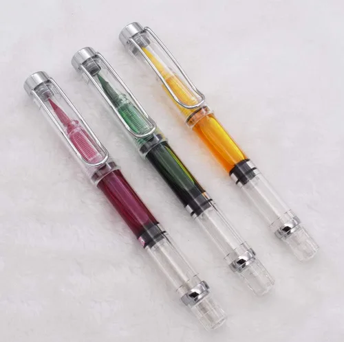 Vista 10 de Lanxivi 4 x Yongsheng 3008 Pluma estilográfica con plumín fino mejorado, ribete plateado, llenado por pistón, transparente