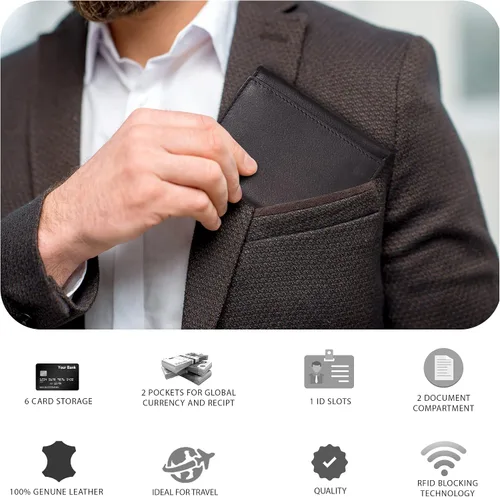 Vista 7 de Tri fold Leather Wallet for Men with RFID Slim Wallets for Men with 1 ID and 6 Credit card slots Front Pocket Minimalist