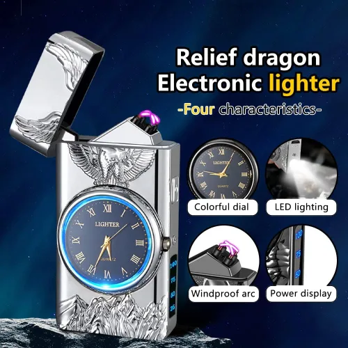 Vista 3 de GADATOP Eagle - Encendedor eléctrico de plasma USB, multifuncional, resistente al viento, encendedor de metal de moda con esfera luminosa de reloj