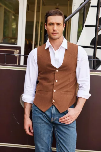 Vista 2 de COOFANDY Chaleco de traje de cuero de gamuza para hombre, chaleco occidental casual, chaleco ajustado
