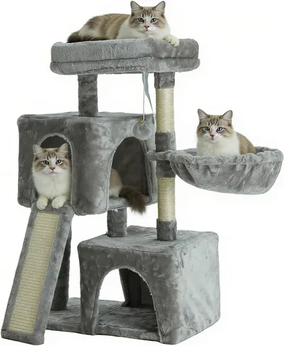 Vista 15 de Árbol para gatos de 35.8 pulgadas con cama doble para gatos y hamaca, rascador de felpa con plataforma cómoda para dormir y pelota de juguete