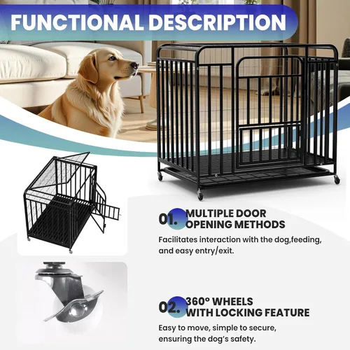 Vista 2 de Jaula extragrande para perros grandes, medianos, resistente de 38 pulgadas, con ruedas bloqueables y puerta doble extraíble, fácil de limpiar