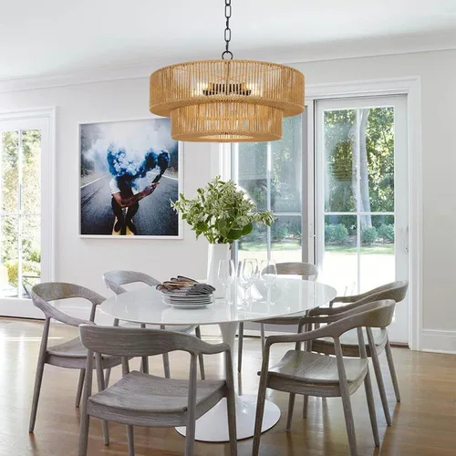 Vista 2 de LamQee Candelabros de Ratán Estilo Granja de 22 Pulgadas, Lámpara de Araña Boho de 5 Luces con Pantalla de Mimbre Tejida a Mano, Luces Colgantes