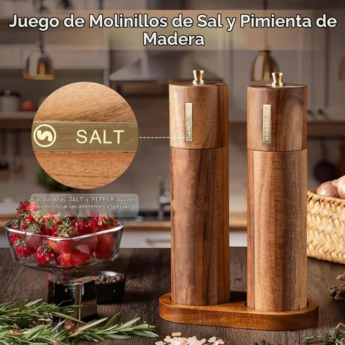 Vista 3 de Juego de molinillo de sal y pimienta de madera, molinillo de pimienta manual de 8 pulgadas