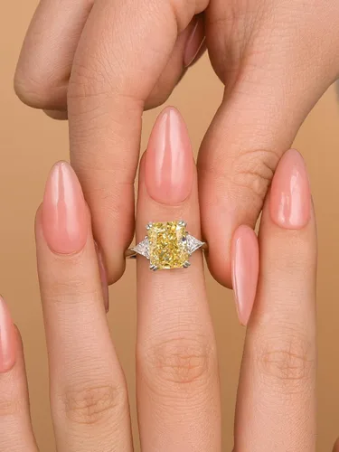 Vista 6 de 4.0CT Anillo de compromiso amarillo de corte radiante, rosa, transparente, anillo de compromiso S925 con piedras preciosas de color de 3 piedras