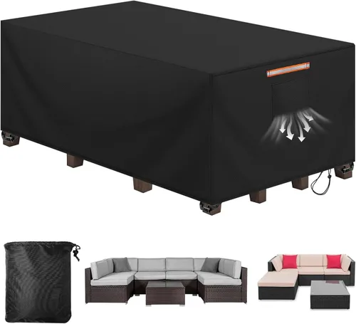 Vista 13 de Funda para silla de mesa redonda de 70 pulgadas, impermeable, 420D, resistente, resistente al viento, funda protectora para muebles de exterior Negro