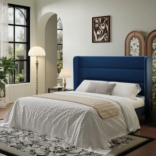 Vista 13 de SHA CERLIN - Base de cama tamaño Full con cabecera tapizada en terciopelo y diseño acanalado vertical; plataforma de cama tapizada con listones