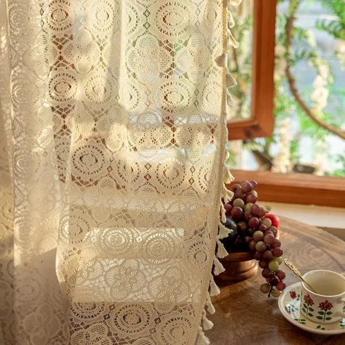 Vista 56 de YJ YANJUN - Cortinas de café boho, 24 pulgadas de largo, 2 paneles, cada una de 59" de ancho x 24" de largo, beige, con crochet, cortinas de cocina