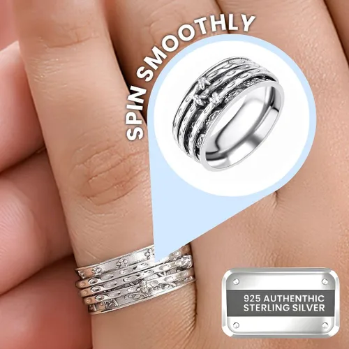 Vista 4 de 925 Sterling Silver Spinner Anxiety Fidget Ring for Women 3 rayas y flores