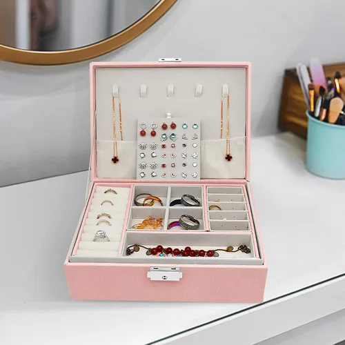 Vista 7 de XMJXBOX Organizador de joyas de 2 capas, joyero para mujeres y niñas, caja organizadora de joyas de piel sintética con cerradura de llave