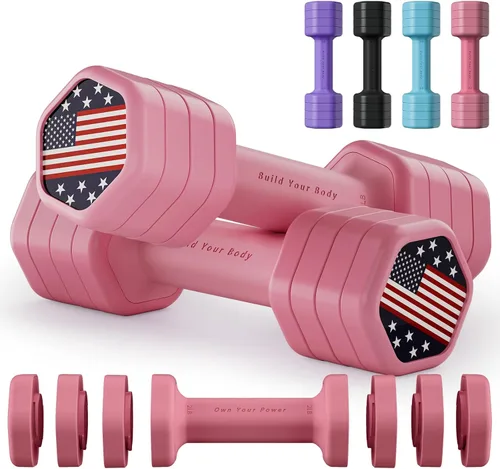 Vista 8 de Zempox Hand Weights for Women at Home 2-5 lb Light Adjustable Dumbbells Set Adjustable 2-5 lb(A Pair 4lb 6lb 8lb 10lb), 4-in-1 Design, TPU Soft