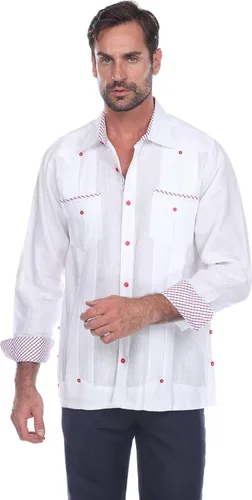 Vista 4 de Mojito Men's 100% Linen Guayabera Shirt Long Sleeve Print Trim Accent