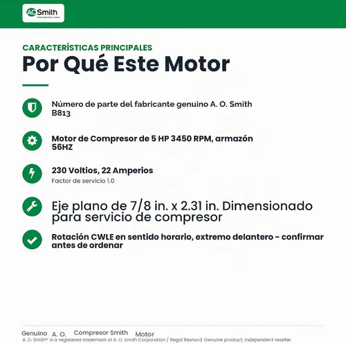 Vista 3 de Motores AC A.O. Smith B813 5 HP, 3450 RPM, 230 voltios, 22 amperios, marco de 56 Hz, 1 factor de servicio, rotación CWLE, motor compresor de eje