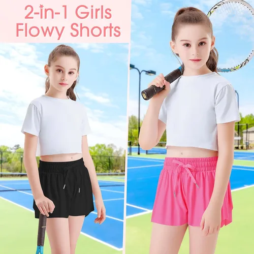 Vista 2 de Paquete de 2 pantalones cortos deportivos de mariposa para niñas, pantalones cortos fluidos para niños con bolsillo 2 en 1, pantalones cortos