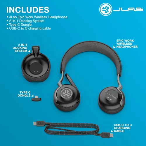 Vista 7 de JLab Epic Work Auriculares inalámbricos con micrófono, cancelación inteligente de ruido activa, centro de carga, más de 90 horas de reproducción