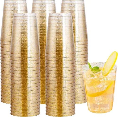 Vista 21 de I00000 100 vasos de plástico dorados, vasos de plástico transparente de 10 onzas con borde dorado, tazas de cerveza, taza dura desechable