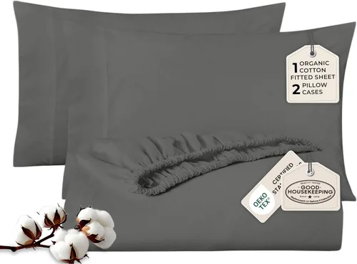 Vista 18 de Royale Linens Sábana bajera con funda de almohada, sábana bajera individual con 1 funda de almohada, 300 hilos, 100% algodón orgánico, se adapta a