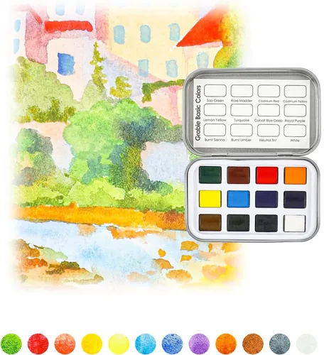 Vista 4 de Grabie Juego de 12 acuarelas de bolsillo, juego de pintura de acuarela de viaje, pinturas de acuarela, suministros de arte para pintura, gran juego