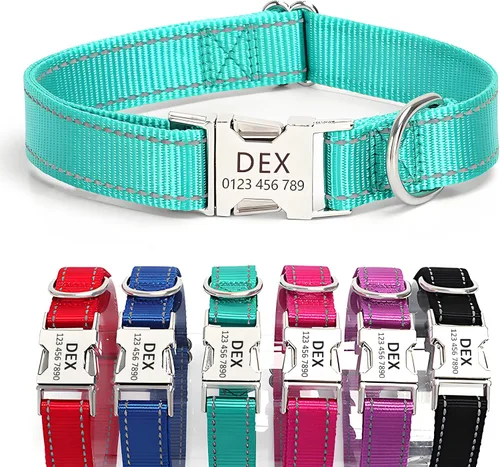 Vista 8 de Collar de perro de nailon reflectante personalizado con etiqueta de nombre Collares de perro con hebilla dorada grabados personalizados Collar