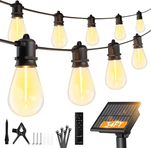Vista 10 de Minetom Tira de luces solares de 34 pies para exteriores con control remoto, luces de patio con 10 bombillas LED inastillables y ganchos, enchufe