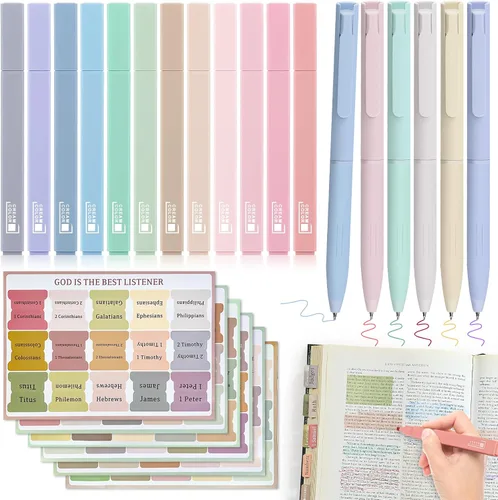 Vista 12 de DazSpirit 12 resaltadores de gel bíblico brillantes que no se corren y 5 bolígrafos con 90 pestañas laminadas de la Biblia, kit de diario bíblico